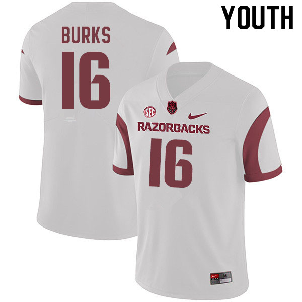 Youth #16 Treylon Burks Arkansas Razorbacks College Football Jerseys Sale-White - Click Image to Close